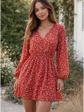 Zara Women Rust Floral V-Neck Long Sleeve Mini Dress Size Large